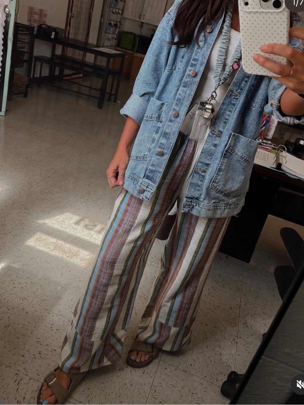 Free People Days End Linen Striped Pull On Pants - Picture 2 of 2